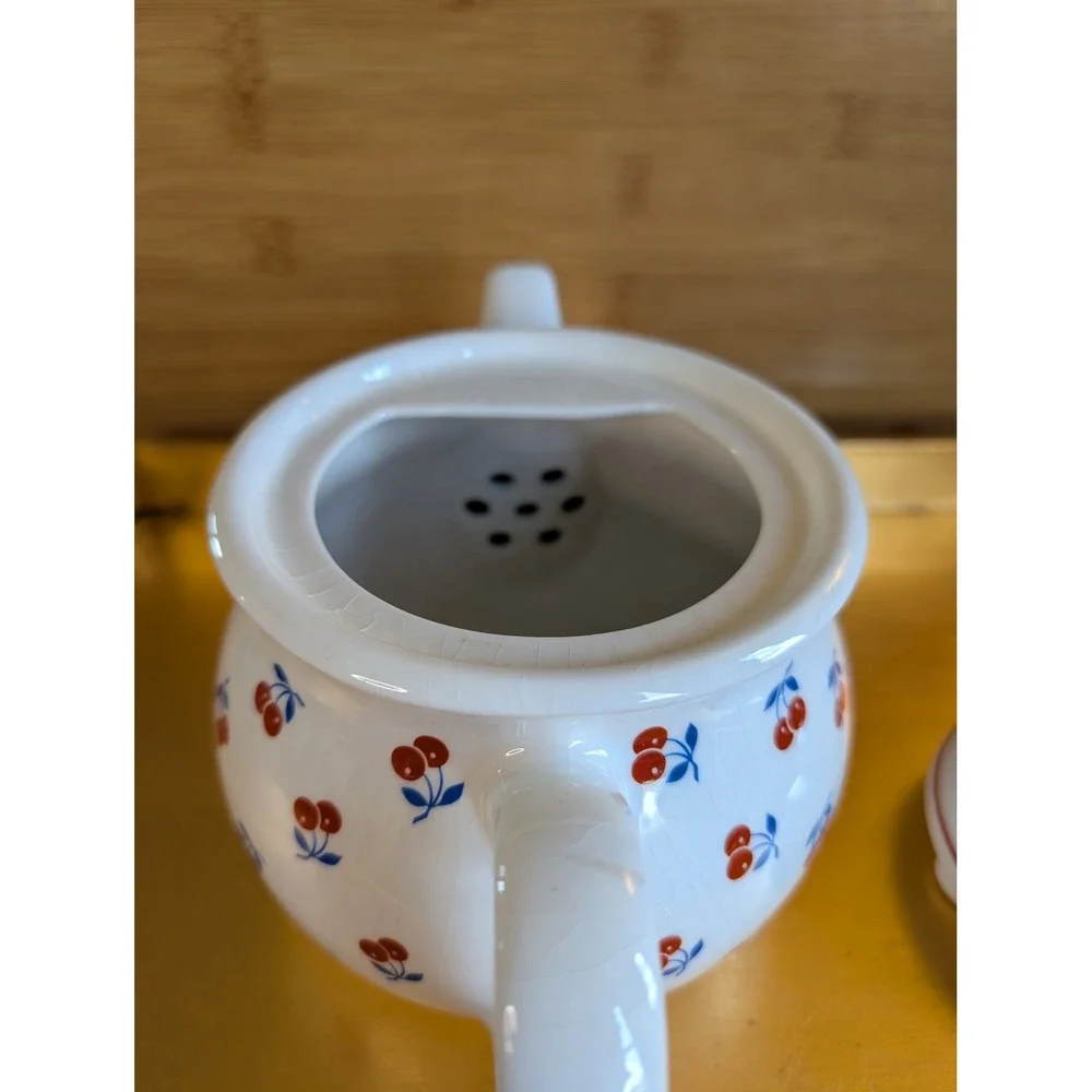 Sadler England Teapot Cherries Pattern Vintage White Ceramic Tea Pot Made in UK